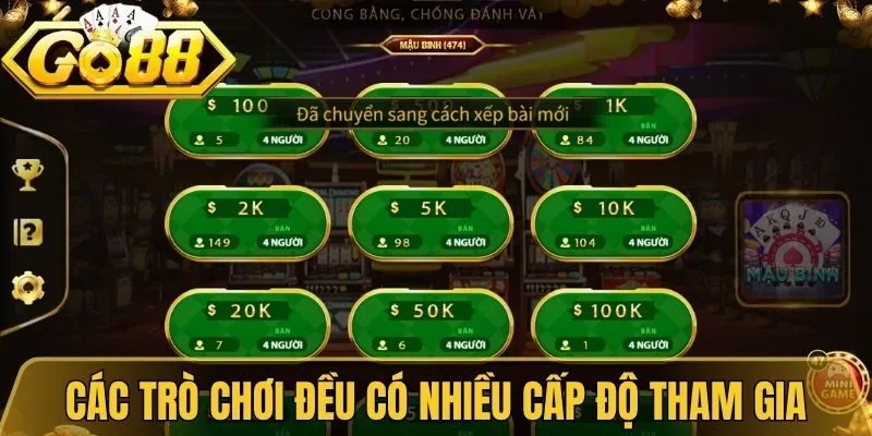 Game Bài Đổi Thưởng - Sảnh Chơi Được Lòng Hội Viên Go88 2 Các trò chơi đều có nhiều cấp độ tham gia